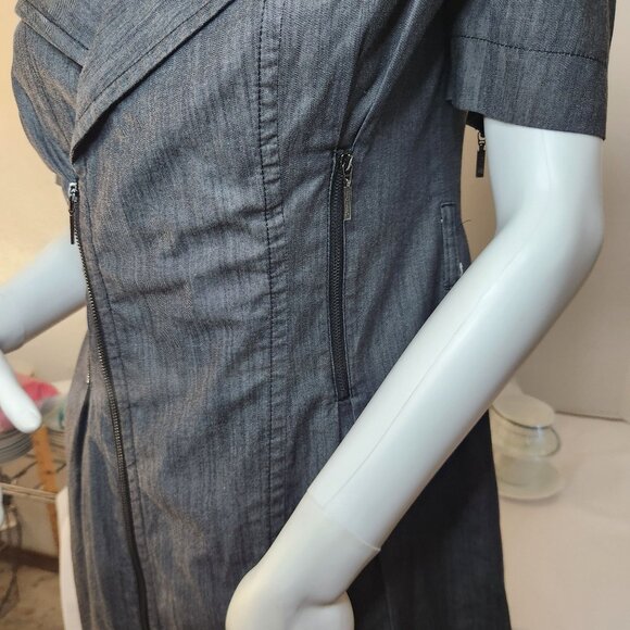 Vintage Black Denim Short Sleeve Zip Up Dress Notched Collar & Zipper Details - Picture 3 of 11